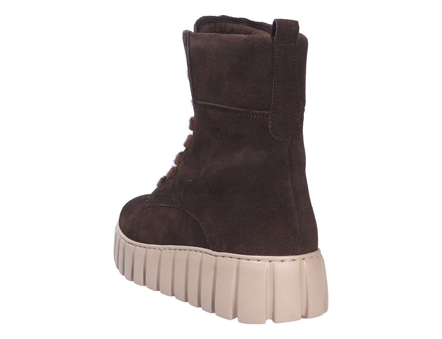 Gabor Damen Stiefel aus braunem Veloursleder, seitliche Ansicht, mit heller profilierter Plateausohle und Zuglasche