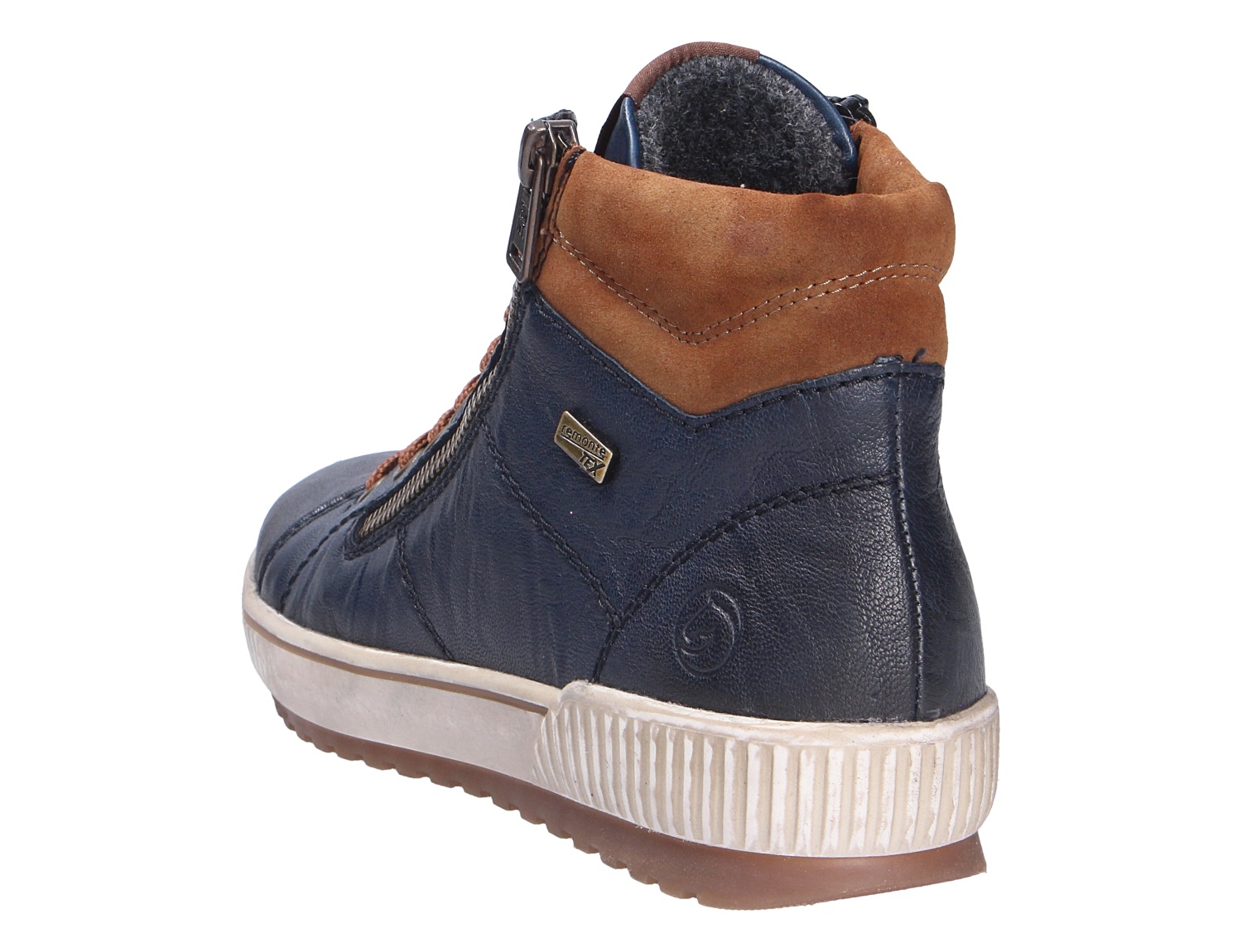 Remonte Damen Stiefel, dunkelblauer Lederlook mit braunem Schaftkragen, seitlichem Reißverschluss und heller Profilsohle, Rückansicht