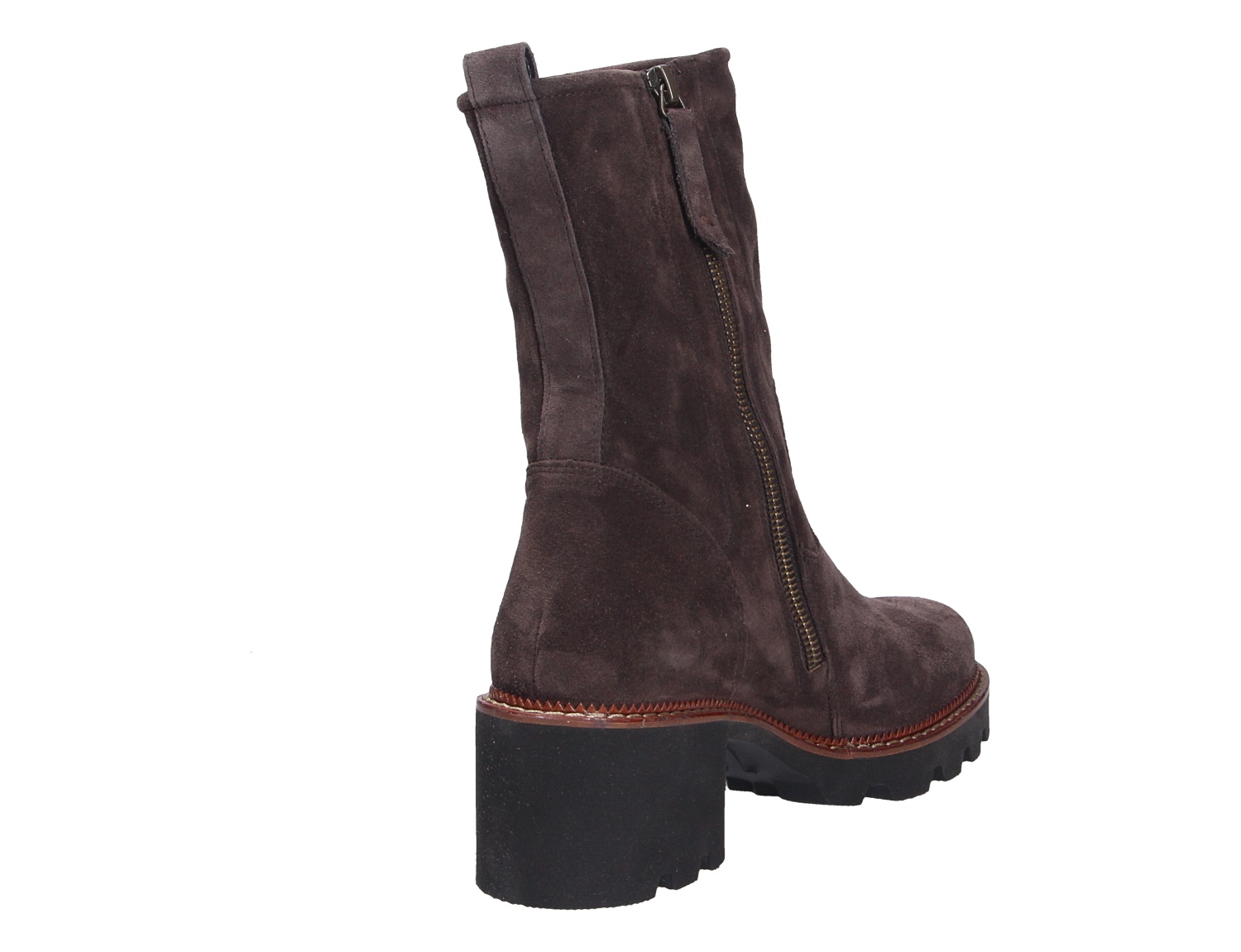 Paul Green Damen Stiefel aus braunem Veloursleder, halbhoch mit Frontreißverschluss, Blockabsatz und robuster Profilsohle
