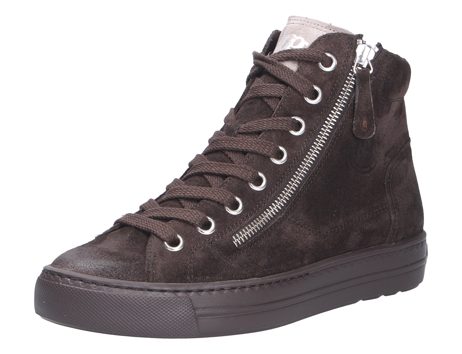 Paul Green Damen Sneaker, hoher Sneaker aus dunkelbraunem Veloursleder mit Schnürung, seitlichem Reißverschluss und Plateausohle