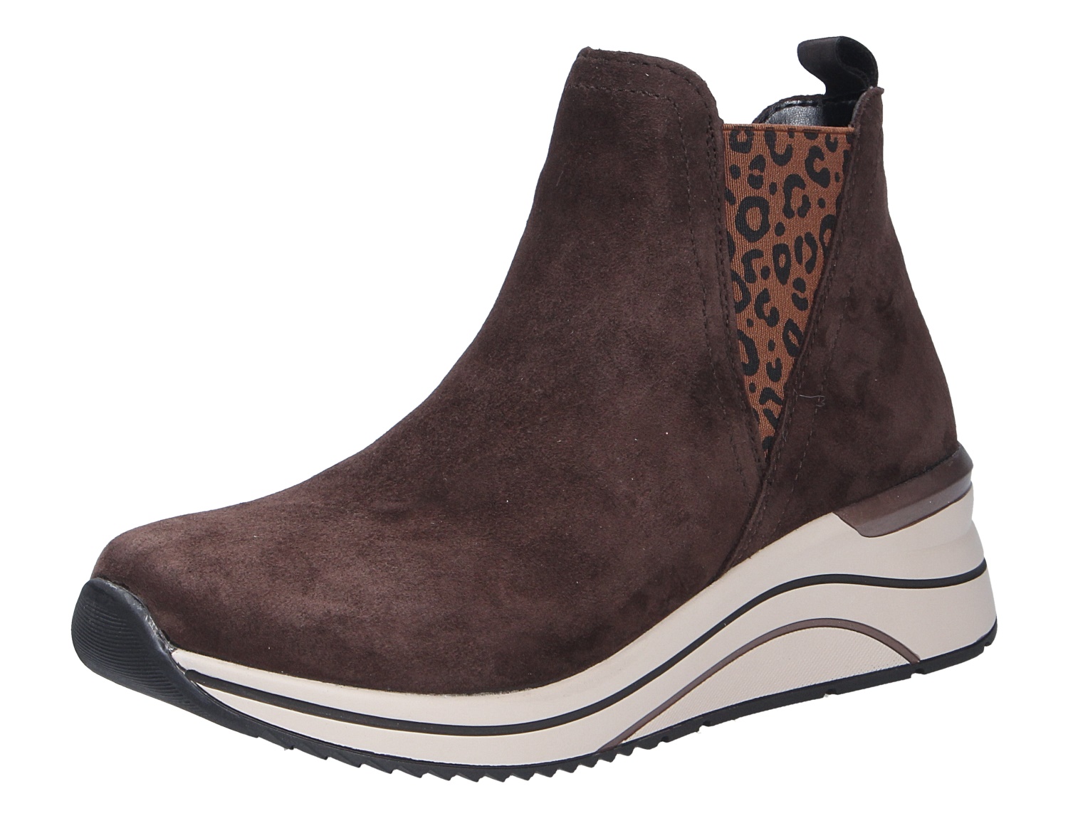 Remonte Damen Stiefel, dunkelbrauner Veloursleder-Bootie mit Keilsohle und seitlichem Stretch-Einsatz im Leo-Design