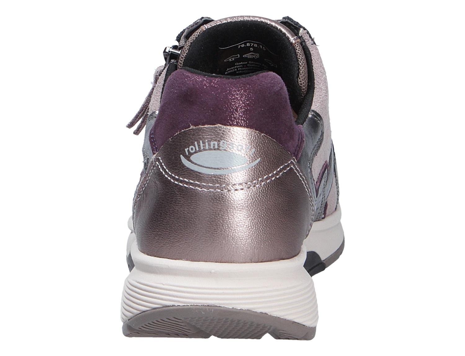 Rückansicht der Gabor Damen Schnürschuhe in Violett-Metallic mit rollingsoft Sohle und sportlichem Design