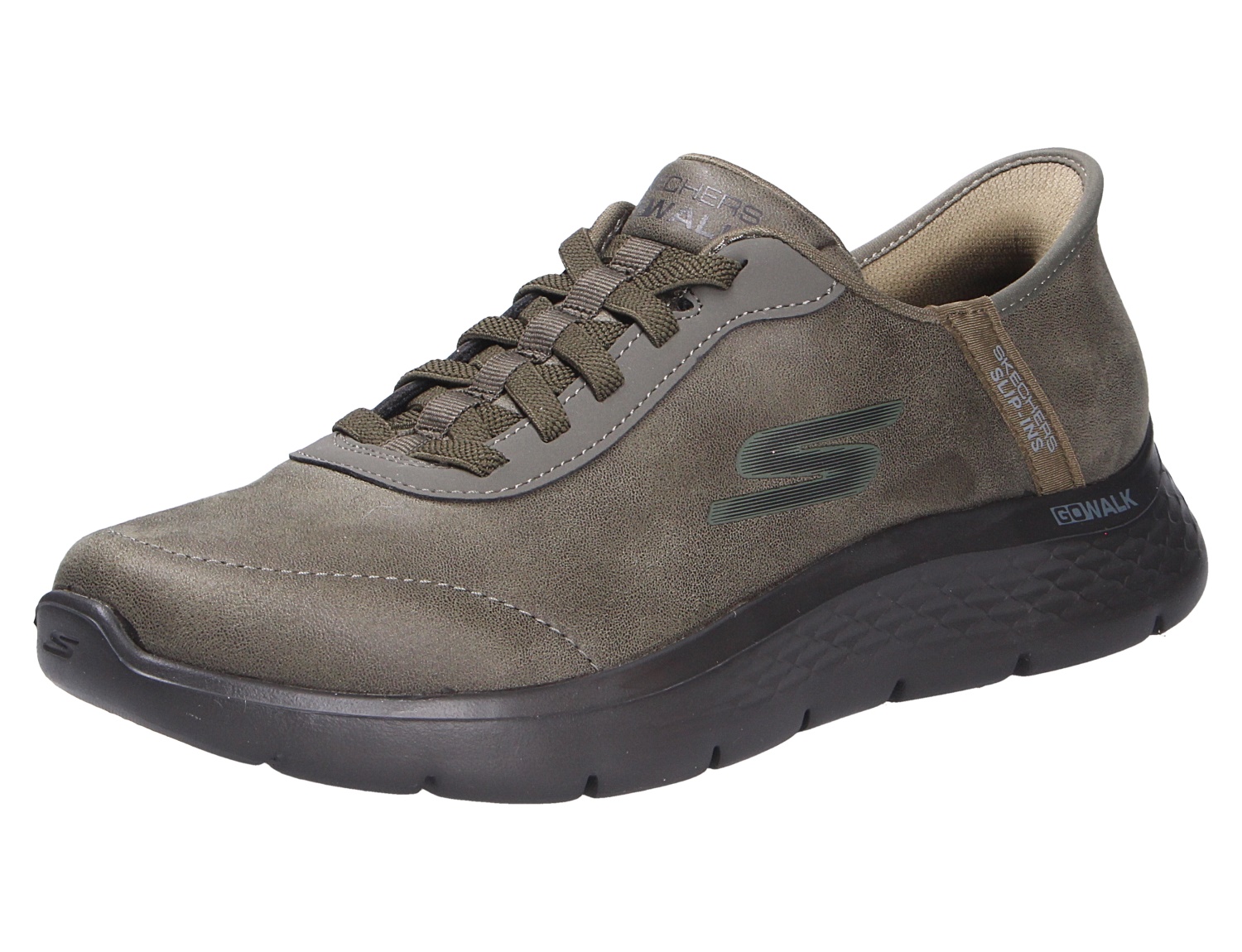 Skechers Go Walk Flex Herren-Sneaker in Taupe, Seitenansicht eines bequemen Freizeitschuhs mit Schnürung, Logo und schwarzer, flexibler Laufsohle