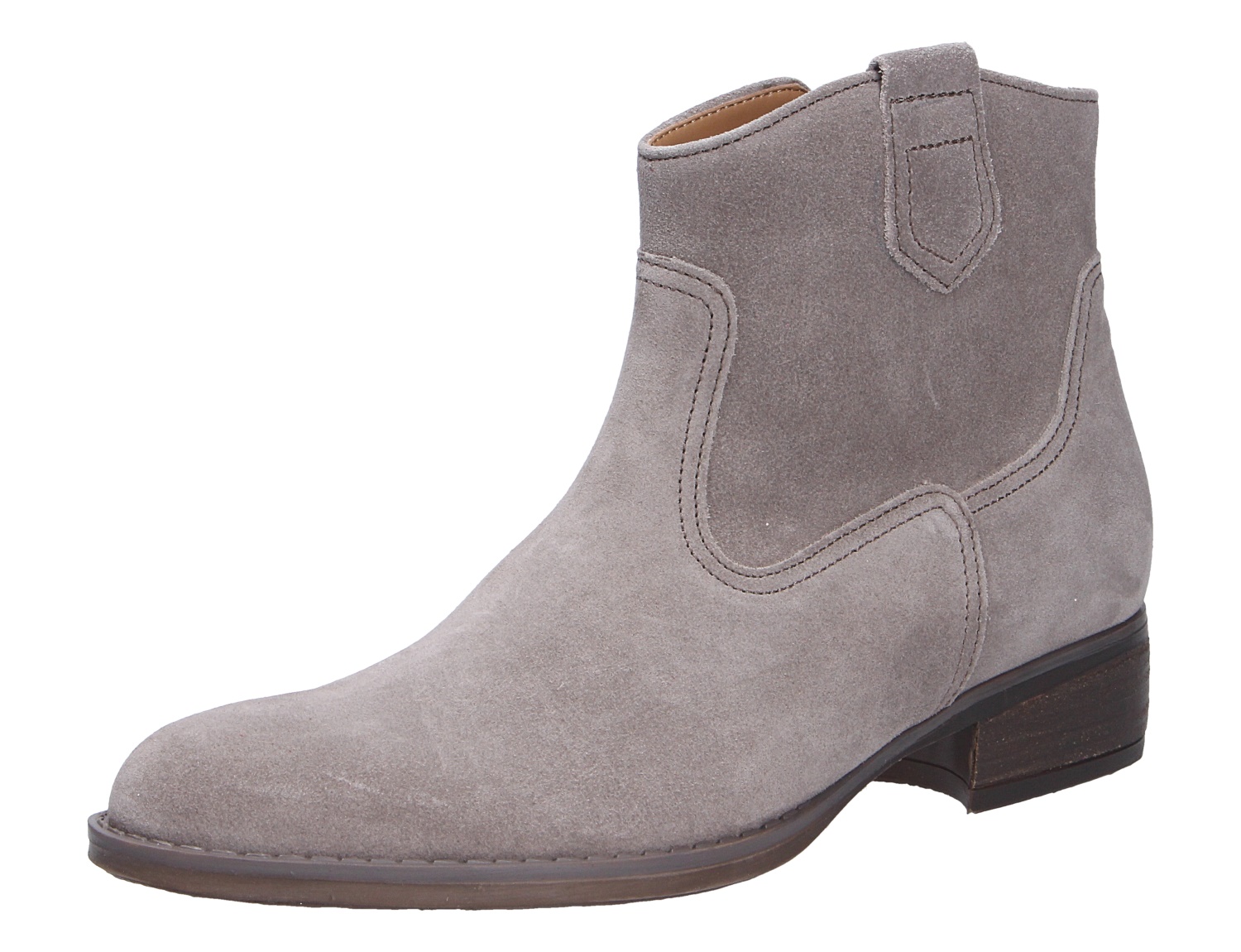 Gabor Damen Stiefel aus grauem Veloursleder, knöchelhoch mit Blockabsatz und dekorativen Ziernähten