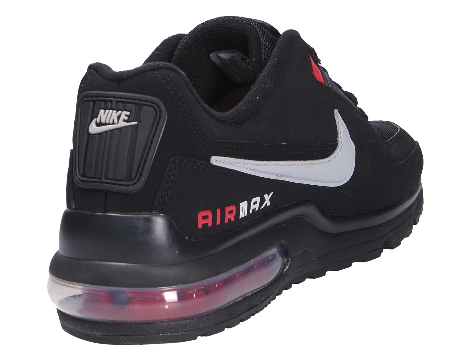 Nike Air Max LTD 3 Sneaker, schwarz mit silbernem Swoosh und sichtbarer Air-Max-Dämpfung, Rück- und Seitenansicht