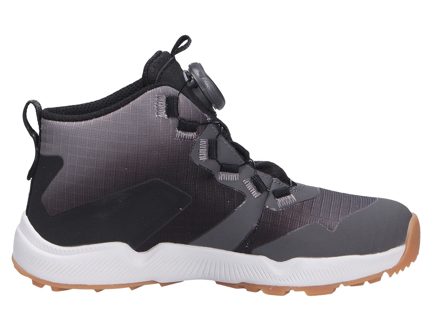 Seitliche Ansicht des Superfit AGOS Kinder Mid-Sneakers in Grau und Schwarz mit Drehverschluss, weißer Sohle und griffigem Profil.