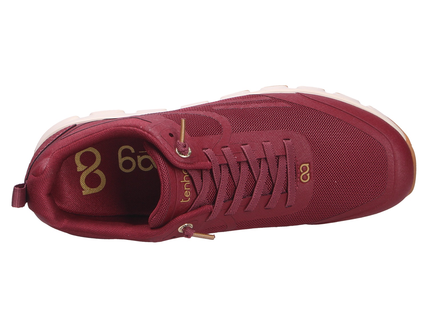 Draufsicht auf den bordeauxroten Sneaker tenhaag 0003 von tenhaag mit Mesh-Obermaterial, Schnürung und heller Sohle
