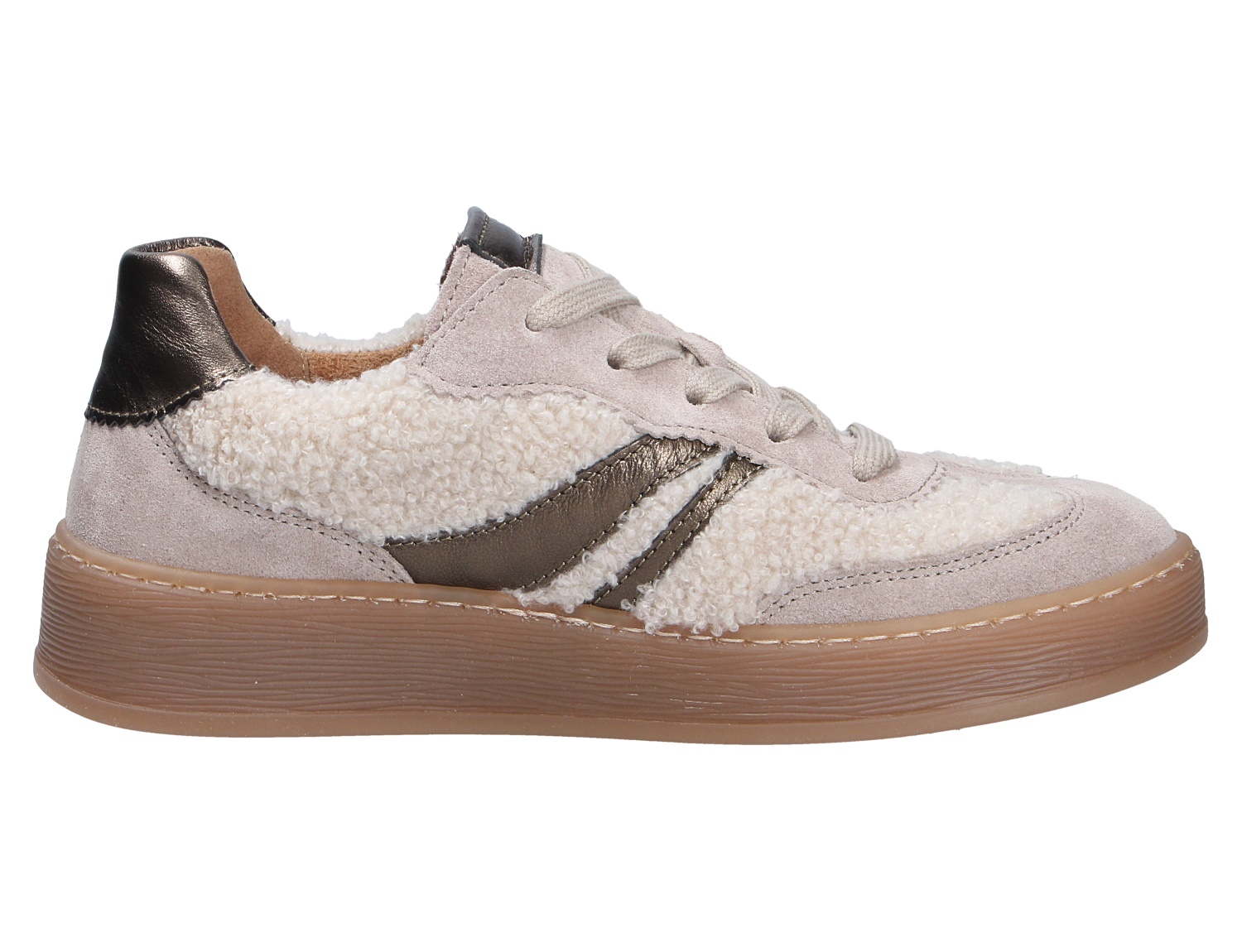 Gabor Damen Sneaker in Beige aus Veloursleder mit Teddyfell-Einsätzen, seitlichen Metallic-Details und brauner Plateausohle, Seitenansicht