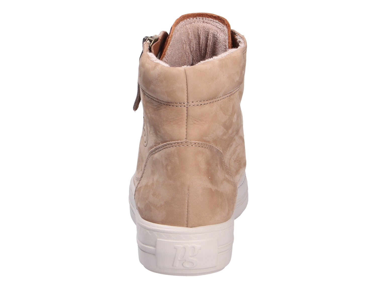 Rückansicht des Paul Green Damen Sneakers in Beige aus weichem Nubukleder mit heller Sohle und komfortablem Schaft, sportlich-elegant für Alltag und Freizeit.