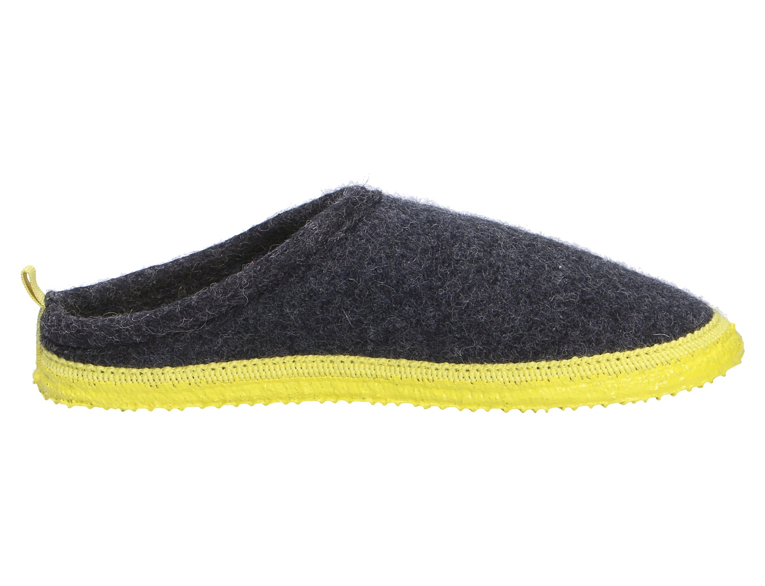 Giesswein WOOLPOPS Woll-Hausschuh in Dunkelgrau mit auffälliger gelber Sohle, bequemer Slipper in Seitenansicht