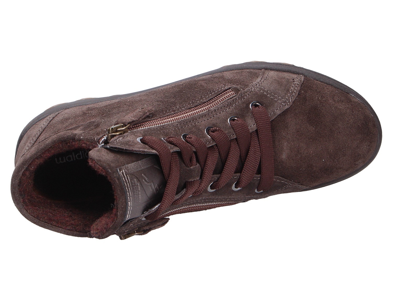 Waldläufer H-Teresa Damen-Stiefelette in Braun aus Veloursleder, gefüttert, mit Schnürung und seitlichem Reißverschluss in der Draufsicht