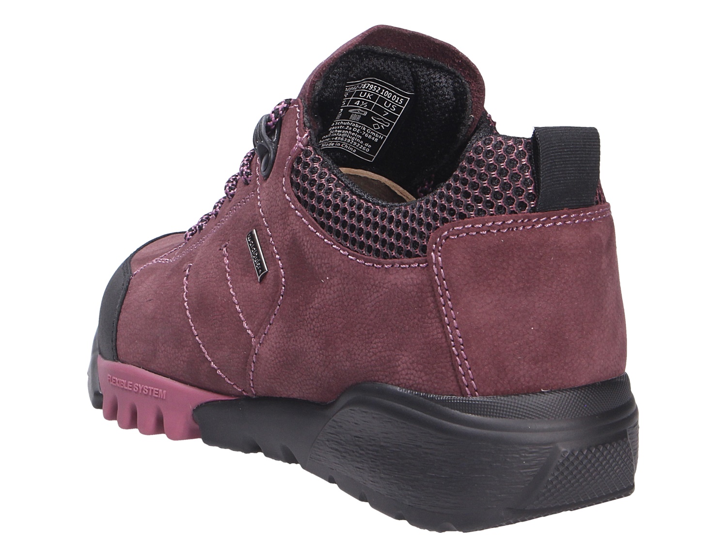 Rückansicht des Waldläufer H-Amiata Damen-Sneakers in Bordeaux mit schwarzer Profilsohle, Nubukleder und atmungsaktivem Mesh am Schaft