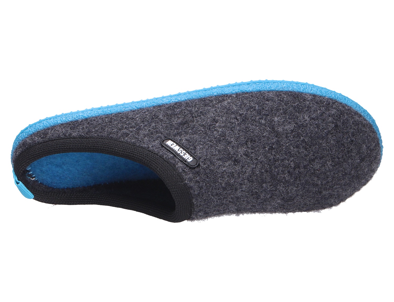 Giesswein WOOLPOPS Hausschuh aus Wollfilz in Dunkelgrau mit hellblauer Sohle, bequemer leichter Slipper für drinnen