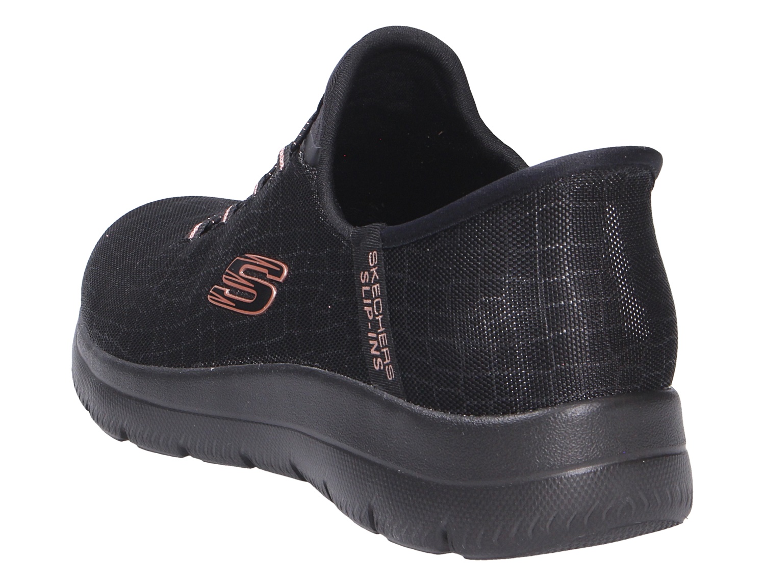 Skechers Summits Sneaker in Schwarz mit seitlicher Rückansicht, leichter Sportschuh mit Mesh-Obermaterial und gepolsterter Sohle