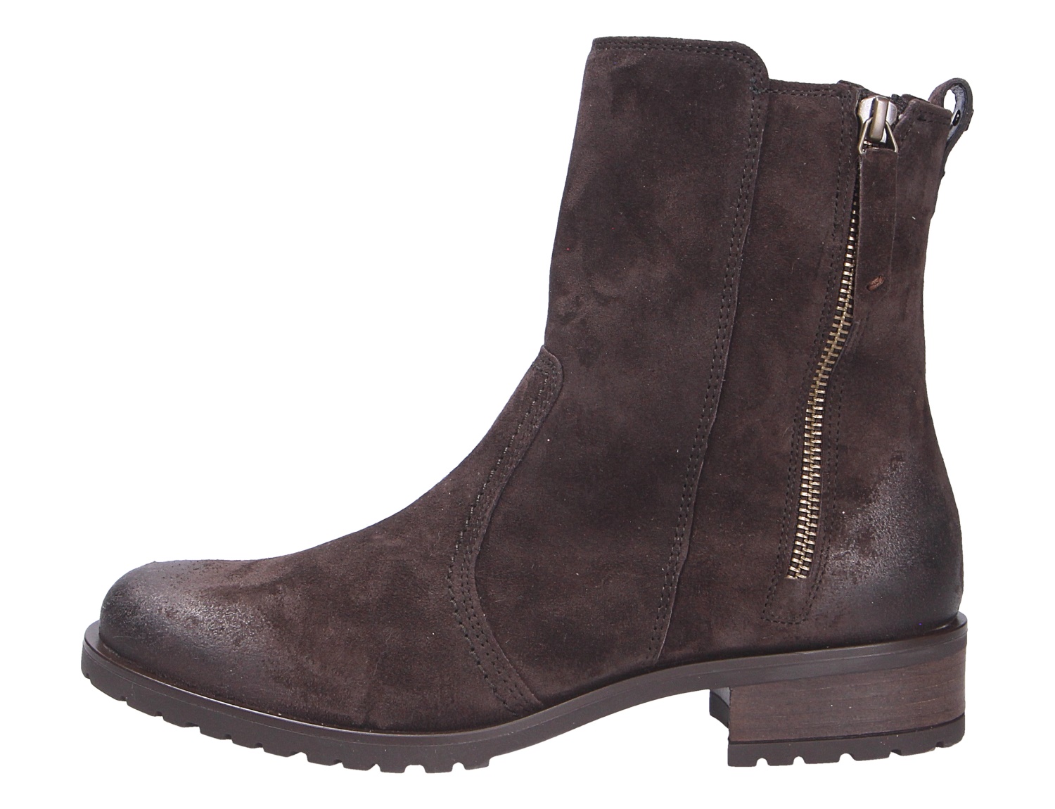 Paul Green Damen Stiefel in Dunkelbraun aus Veloursleder, knöchelhoch mit Blockabsatz, Profilsohle und seitlichem Reißverschluss