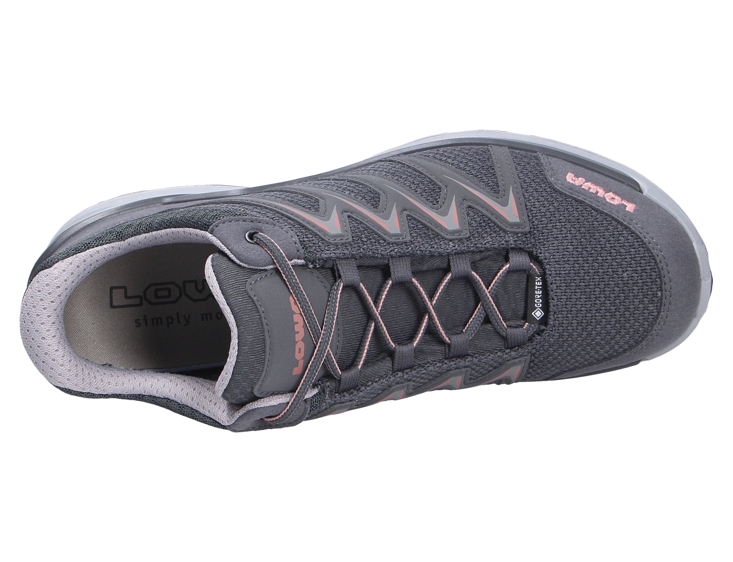 Draufsicht auf den Lowa INNOX PRO GTX LO Ws Damen-Outdoorschuh in Anthrazit mit Schnürung und GORE-TEX-Membran