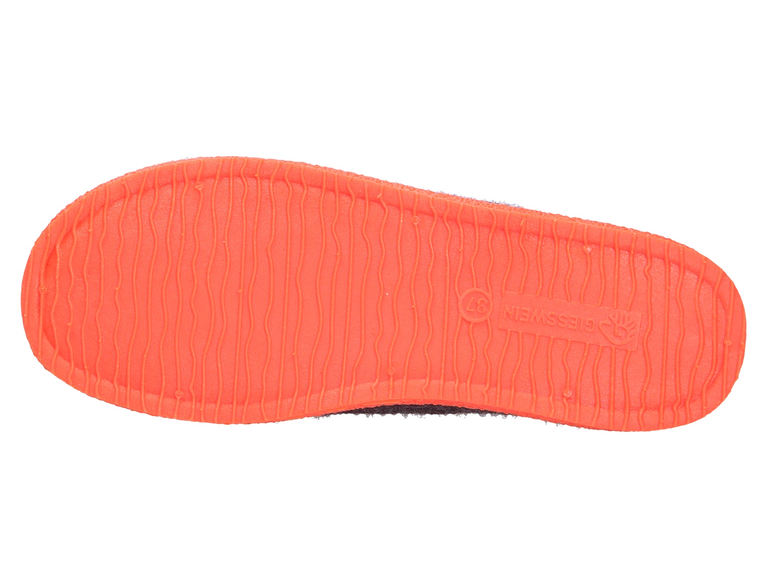 Unteransicht der Giesswein WOOLPOPS mit leuchtend orangefarbener, rutschhemmender Schuhsohle und feinem Wellenprofil
