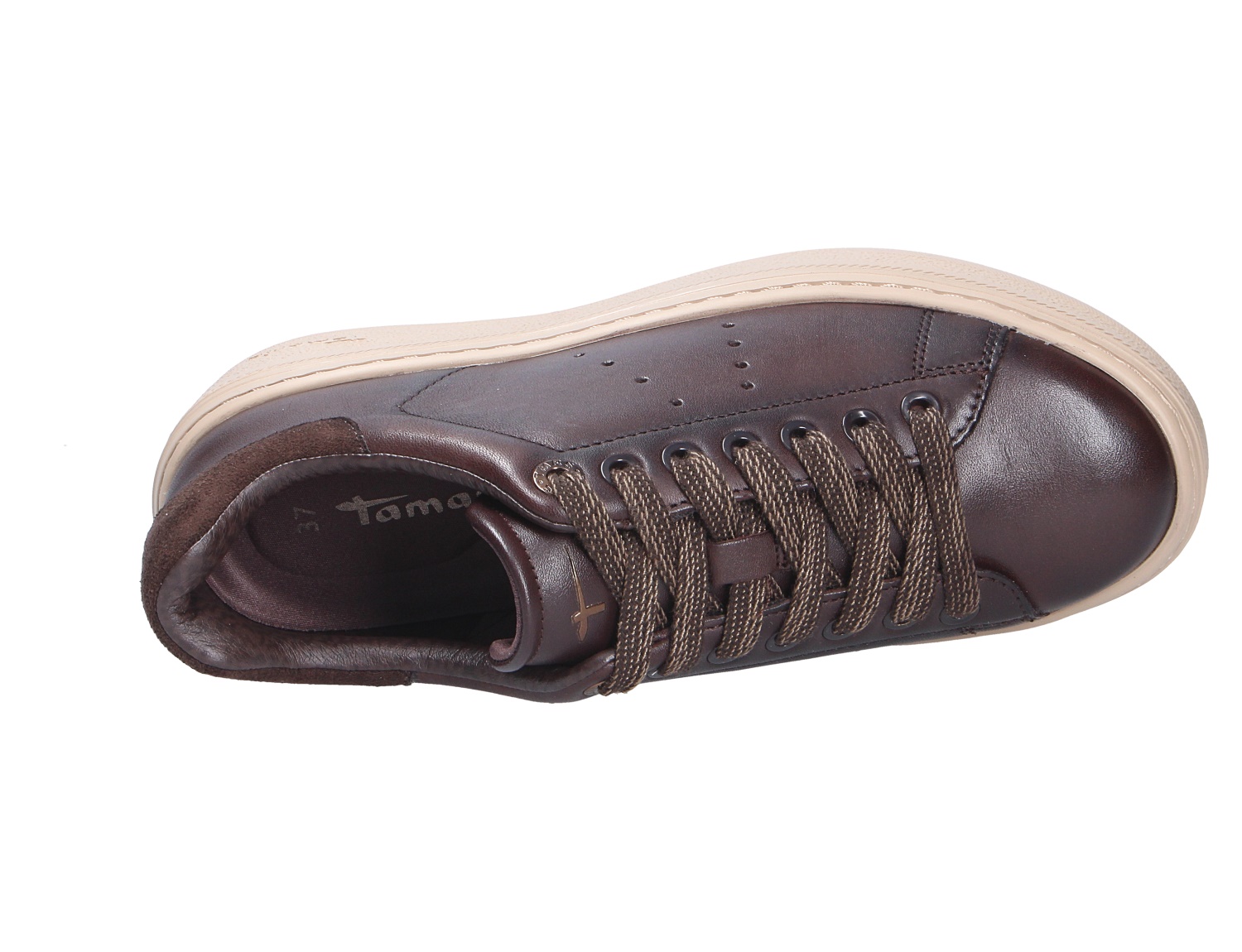 Tamaris Damen Sneaker in Braun mit Schnürung und heller Sohle, Ansicht von oben