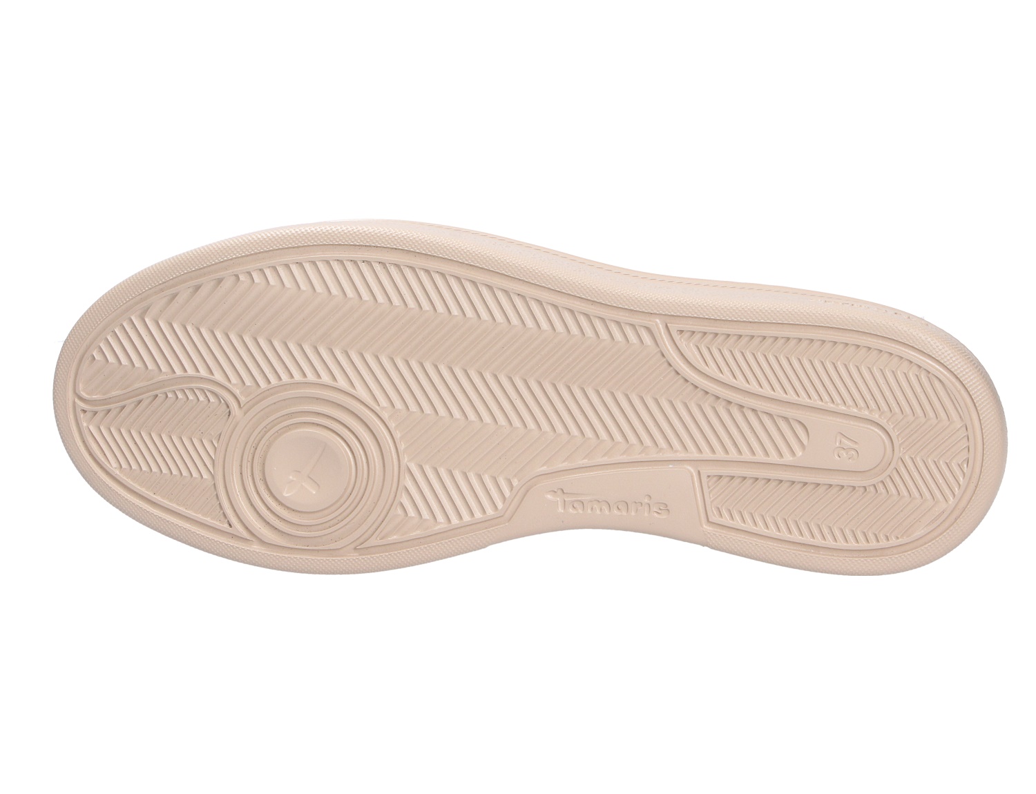 Unteransicht der Laufsohle eines Tamaris Damen Sneakers in Beige mit strukturiertem Profil und Tamaris Logo
