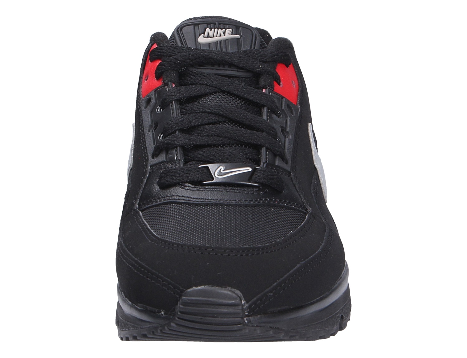 Frontansicht des Nike Air Max LTD 3 Sneakers in Schwarz mit roten Akzenten und sichtbarem Nike Branding