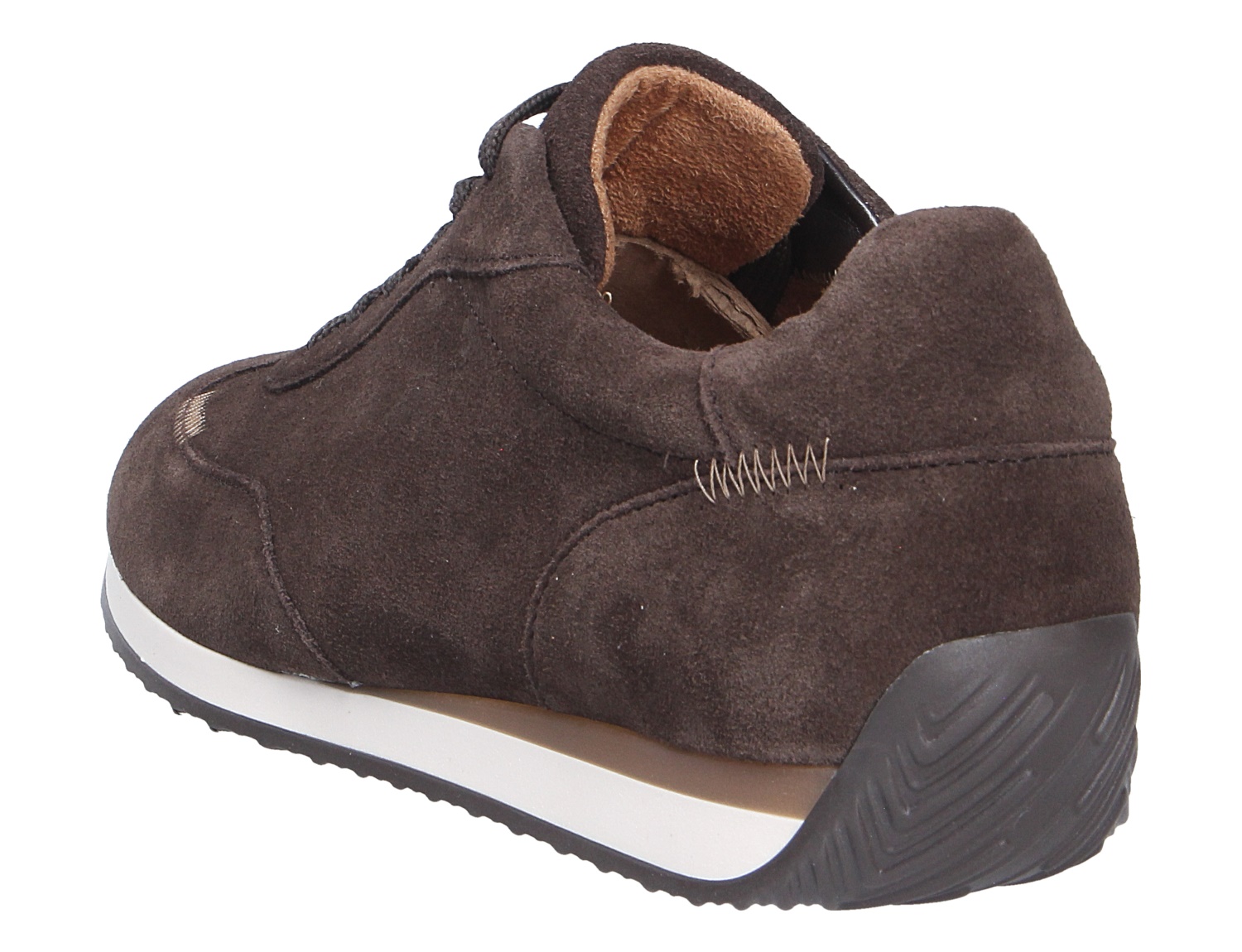 Gabor Damen Sneaker aus dunkelbraunem Veloursleder mit weißer Sohle und schwarzem Fersenkeil, seitliche Rückansicht